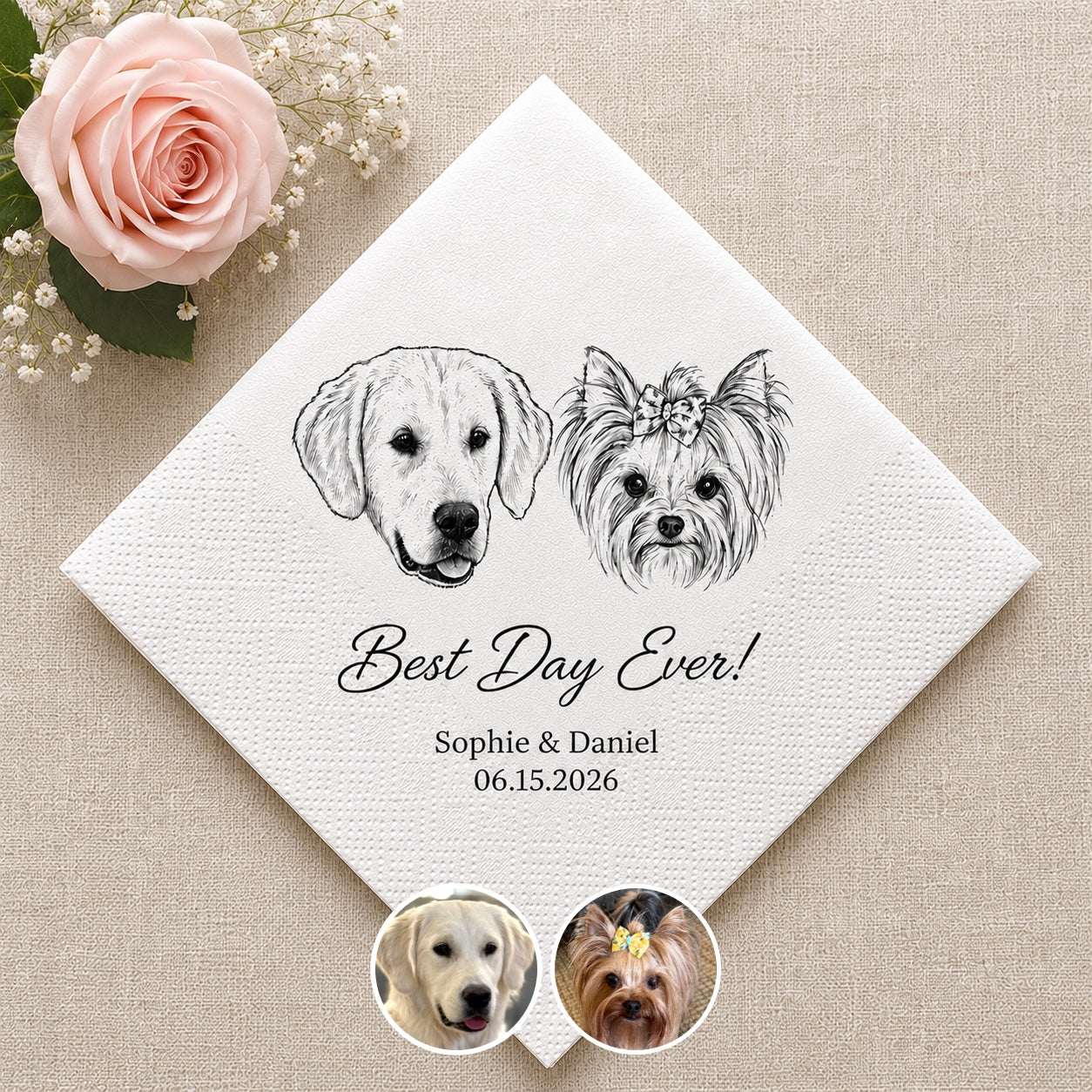 Personalized Pet Wedding Napkins — Custom Photo & Text | Cocktail Napkins