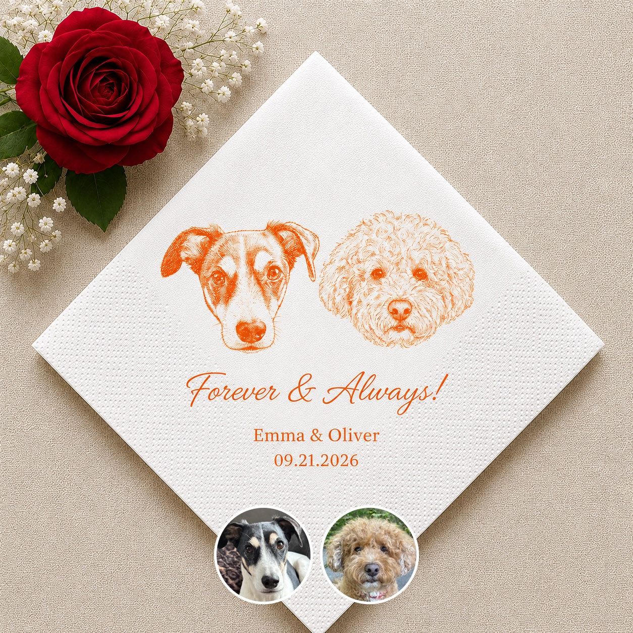 Personalized Pet Wedding Napkins — Custom Photo & Text | Cocktail Napkins