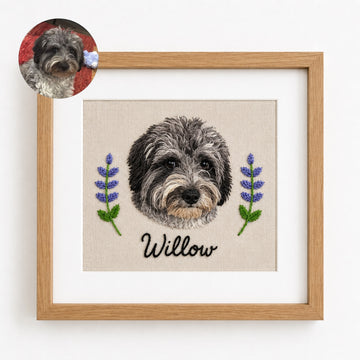 Custom Embroidered Pet Portrait Frame with Personalized Name | Square Pet Embroidery Wall Art