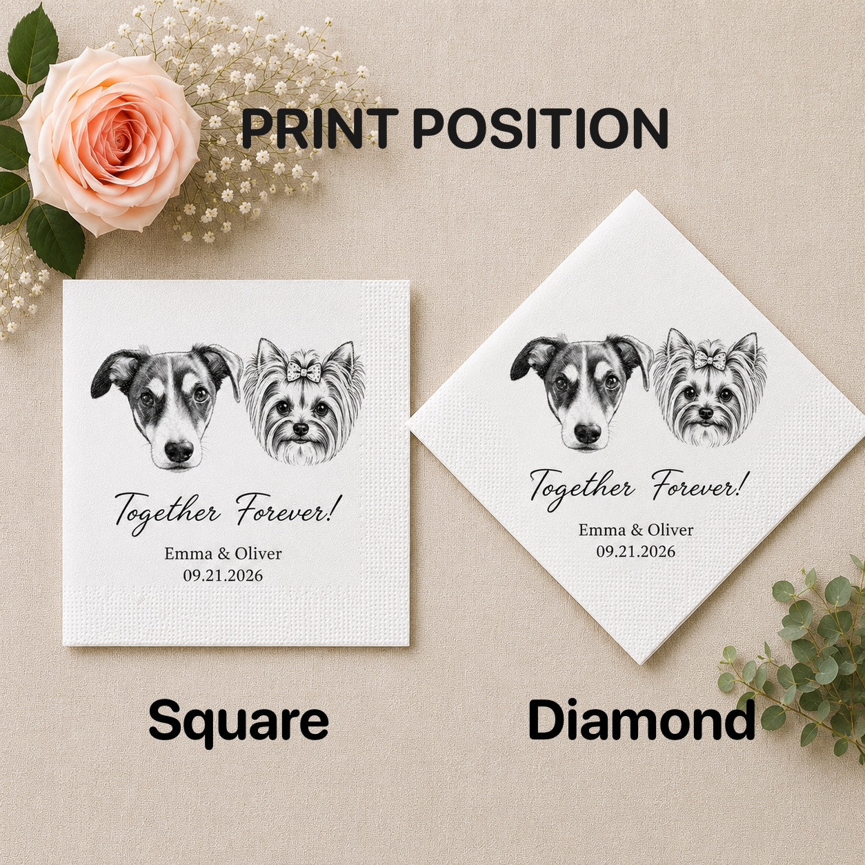 Personalized Pet Wedding Napkins — Custom Photo & Text | Cocktail Napkins