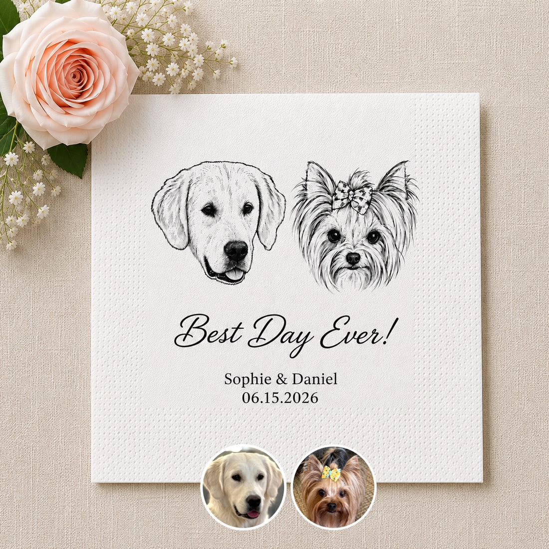 Personalized Pet Wedding Napkins — Custom Photo & Text | Cocktail Napkins