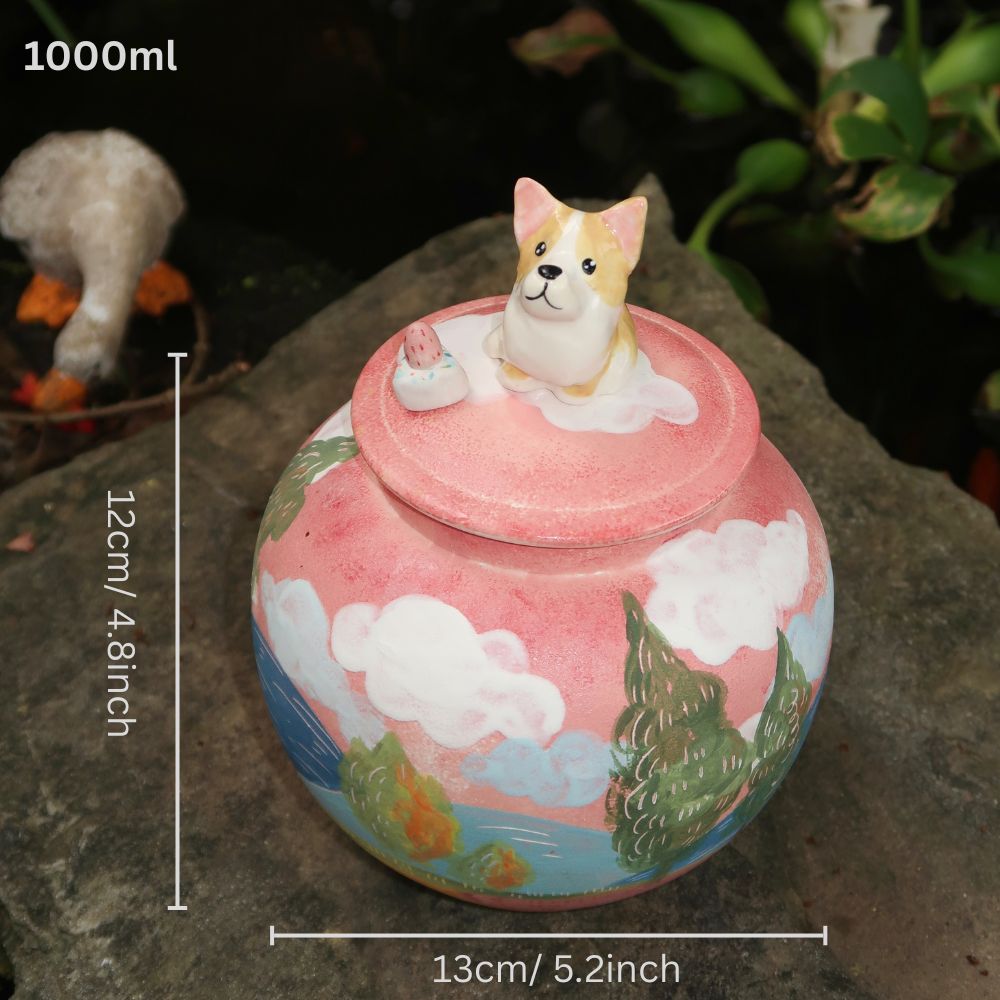 Handmade Pet Urn for Ashes – Ceramic Keepsake Urns with 3D Pet Figurine Lid, Personalized Dog or Cat Memorial Jar