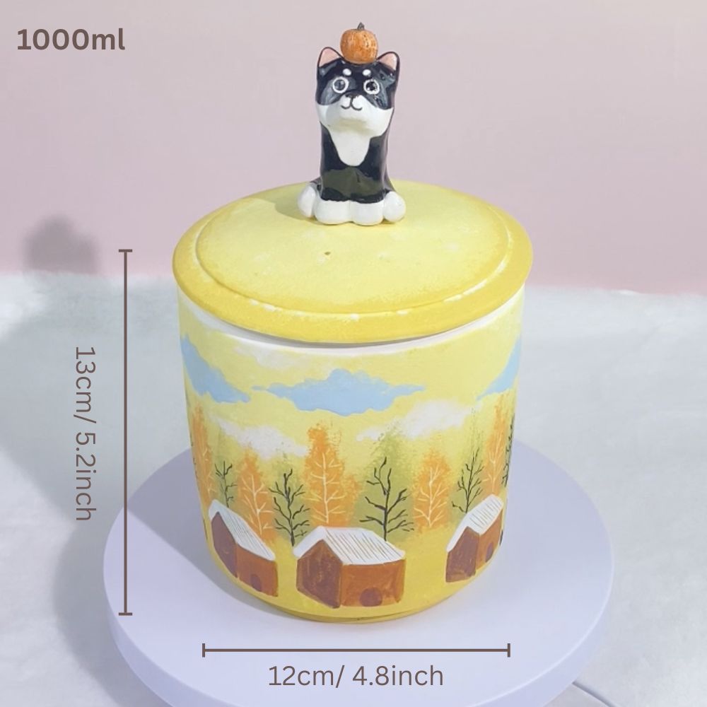 Handmade Pet Urn for Ashes – Ceramic Keepsake Urns with 3D Pet Figurine Lid, Personalized Dog or Cat Memorial Jar