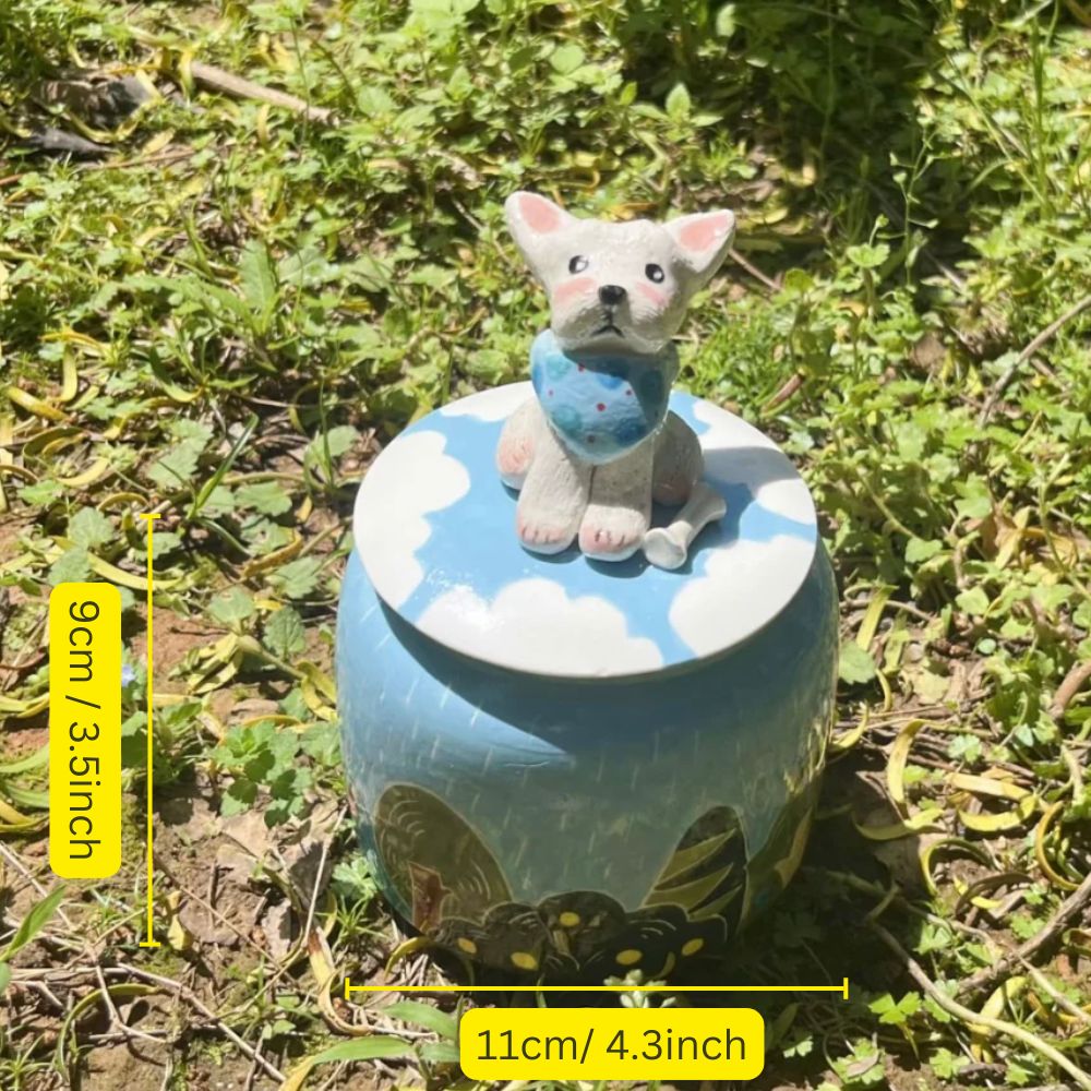 Handmade Pet Urn for Ashes – Ceramic Keepsake Urns with 3D Pet Figurine Lid, Personalized Dog or Cat Memorial Jar