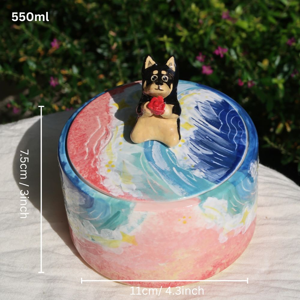 Handmade Pet Urn for Ashes – Ceramic Keepsake Urns with 3D Pet Figurine Lid, Personalized Dog or Cat Memorial Jar