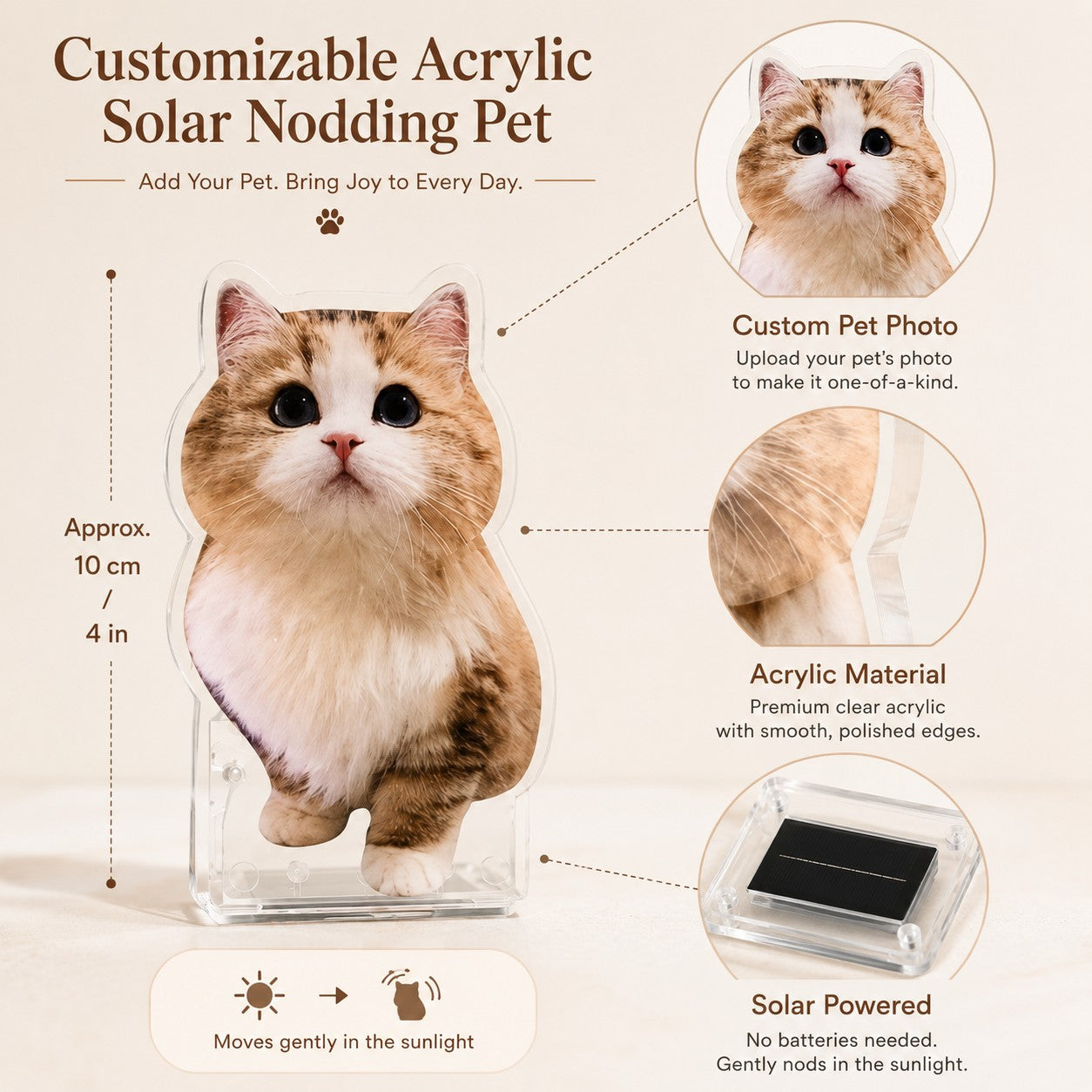 Personalized Solar-Powered Pet Bobble Figurine – Custom Acrylic Pet Photo Desk Ornament