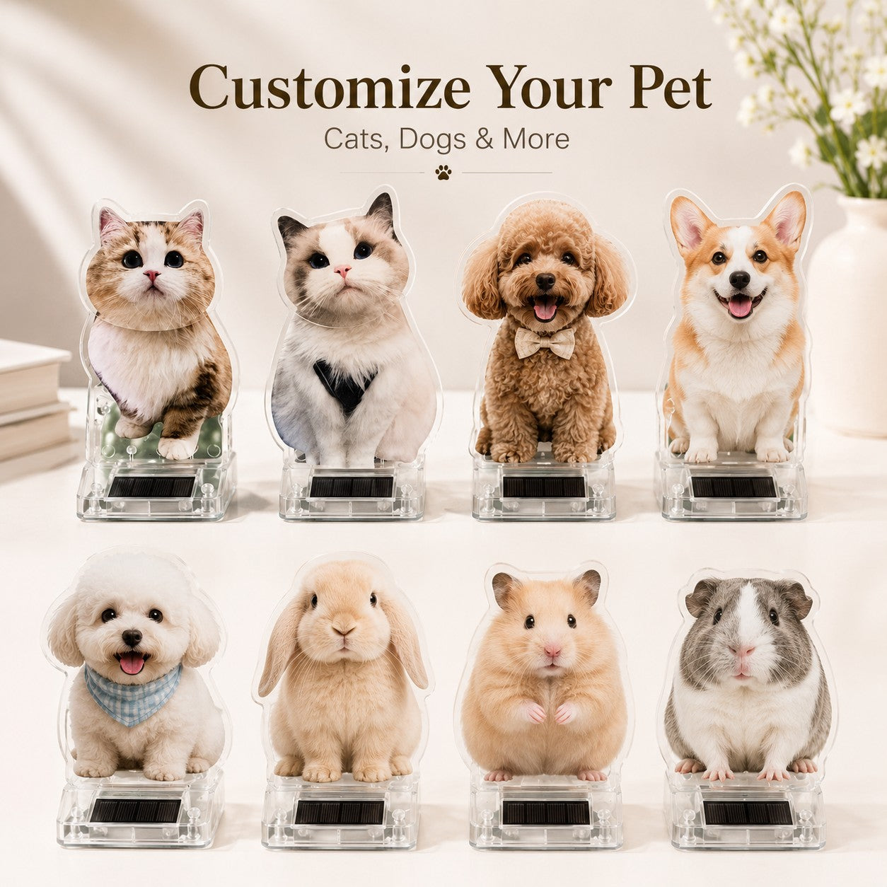 Personalized Solar-Powered Pet Bobble Figurine – Custom Acrylic Pet Photo Desk Ornament