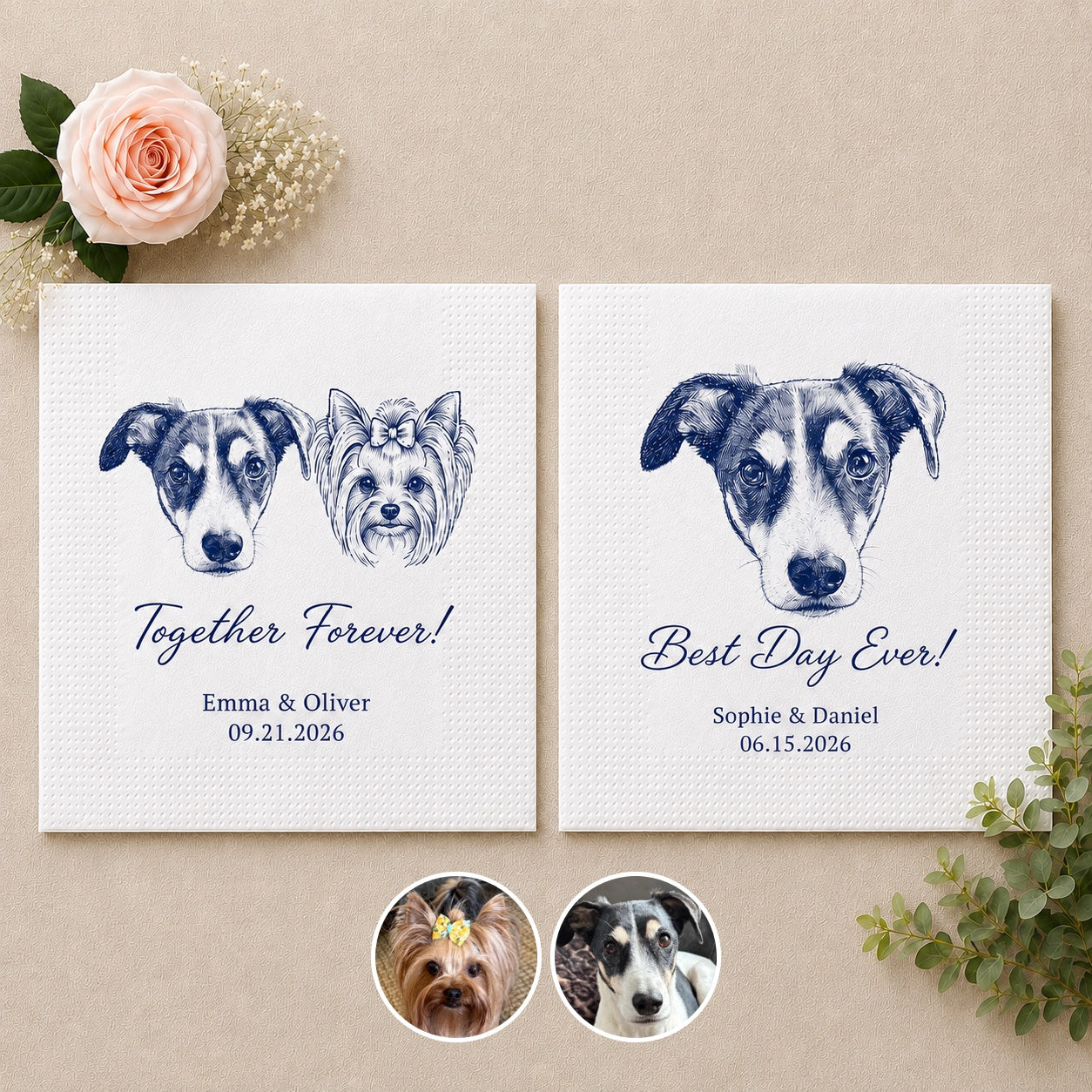 Personalized Pet Wedding Napkins — Custom Photo & Text | Cocktail Napkins