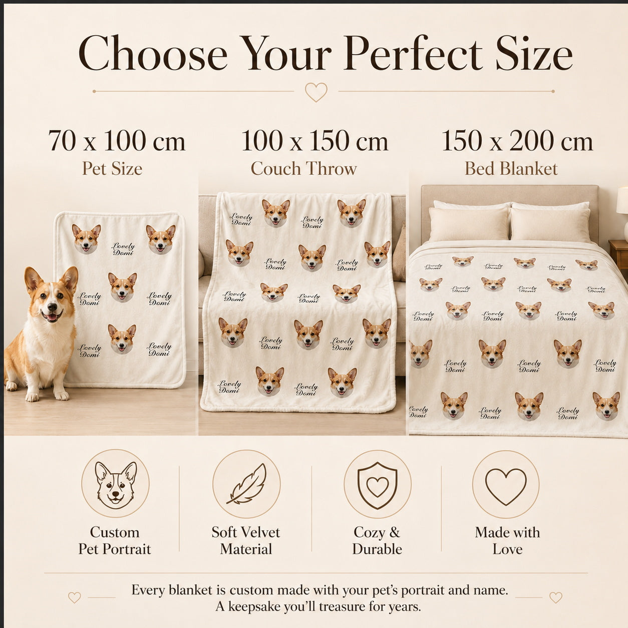 Custom Pet Face Blanket with Name – Personalized Dog Photo Blanket, Soft Velvet Pet Keepsake Gift