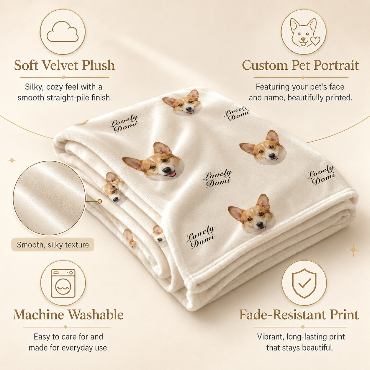 Custom Pet Face Blanket with Name – Personalized Dog Photo Blanket, Soft Velvet Pet Keepsake Gift