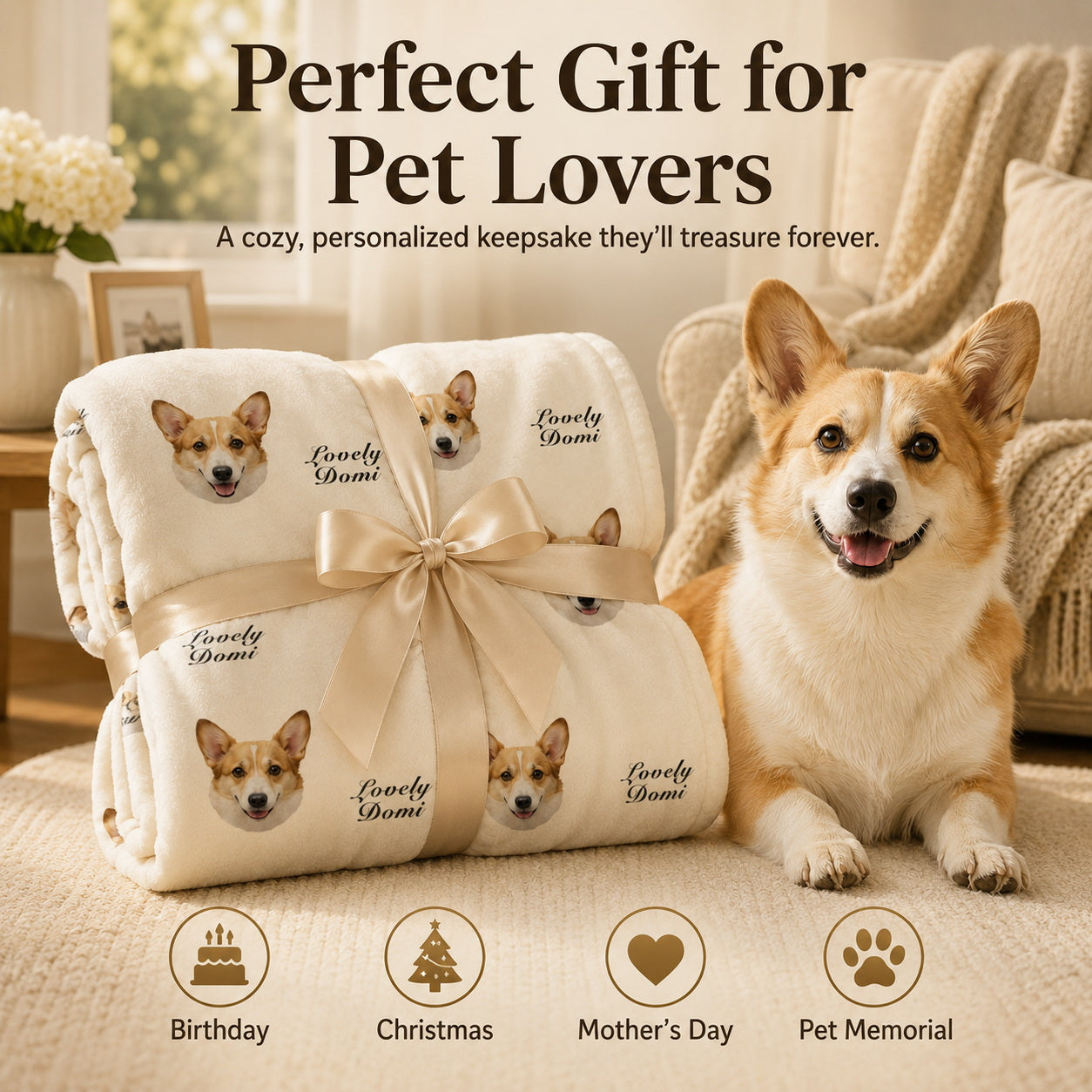 Custom Pet Face Blanket with Name – Personalized Dog Photo Blanket, Soft Velvet Pet Keepsake Gift