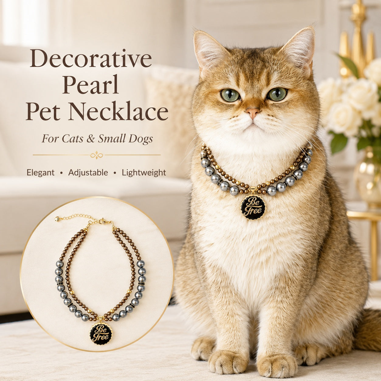 Decorative Faux Pearl Pet Necklace for Cats & Small Dogs – Adjustable Lightweight Pet Jewelry