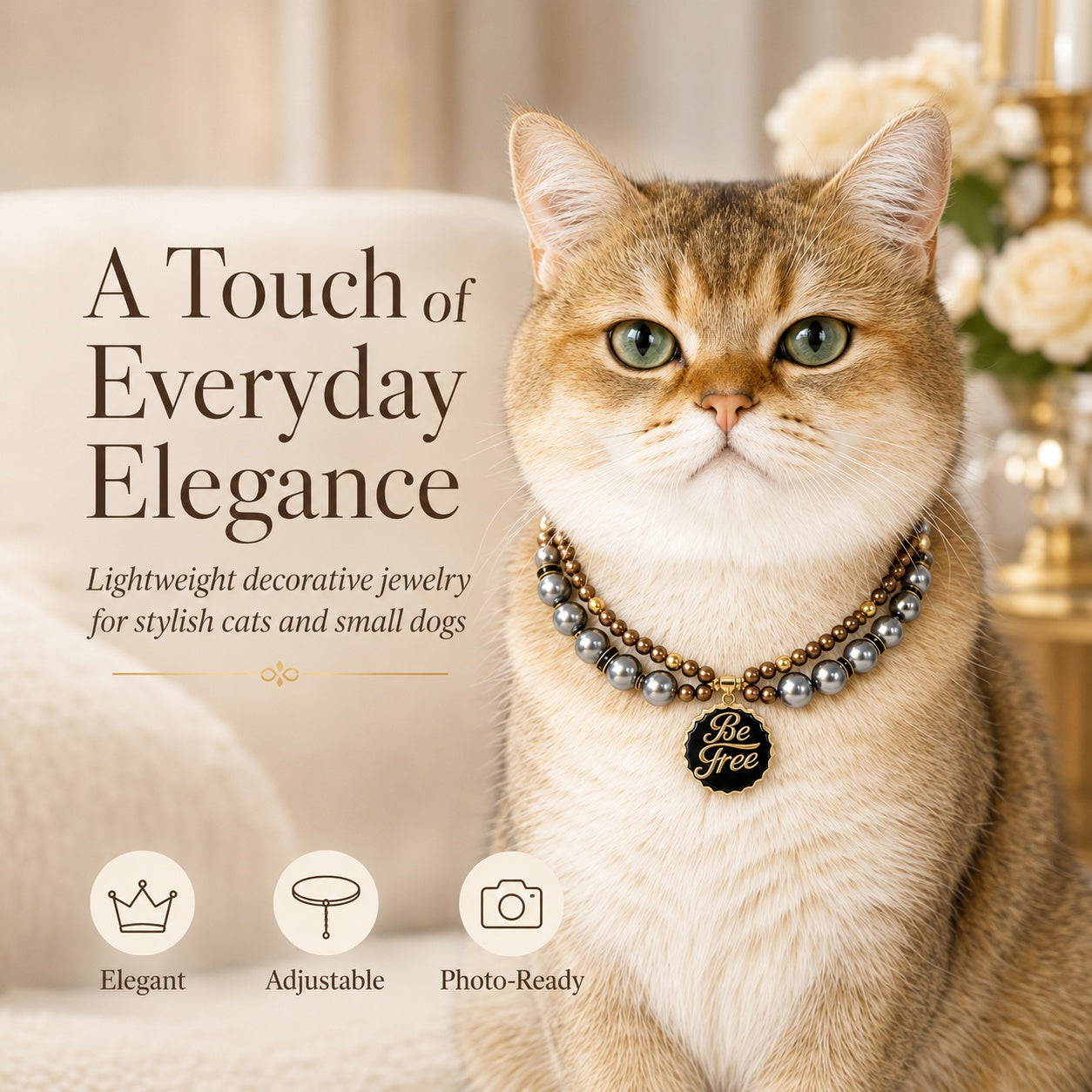 Decorative Faux Pearl Pet Necklace for Cats & Small Dogs – Adjustable Lightweight Pet Jewelry