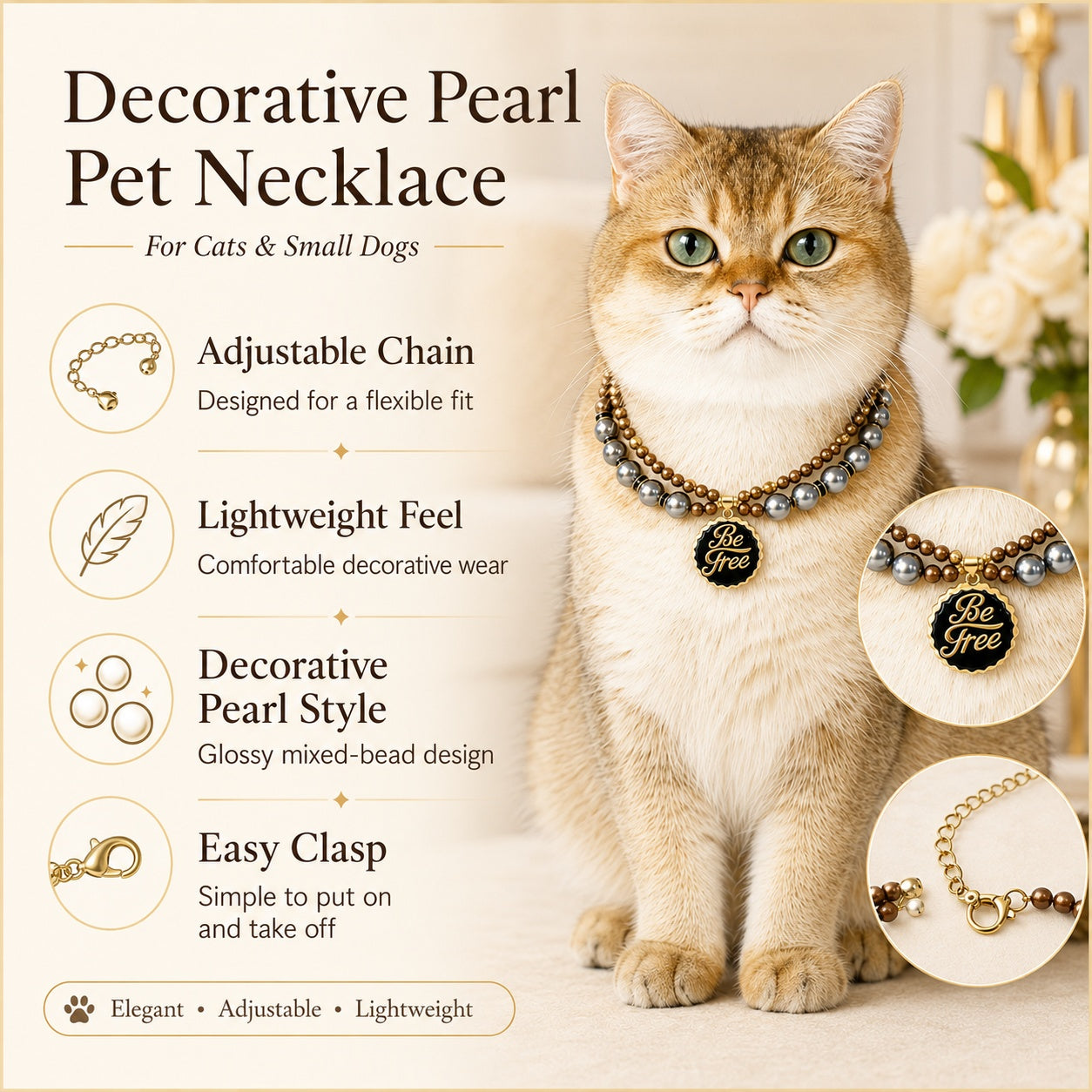 Decorative Faux Pearl Pet Necklace for Cats & Small Dogs – Adjustable Lightweight Pet Jewelry